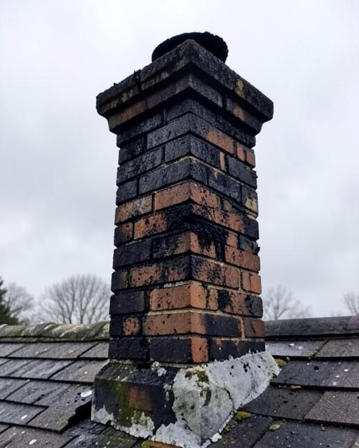 Soot-covered brick chimney before cleaning