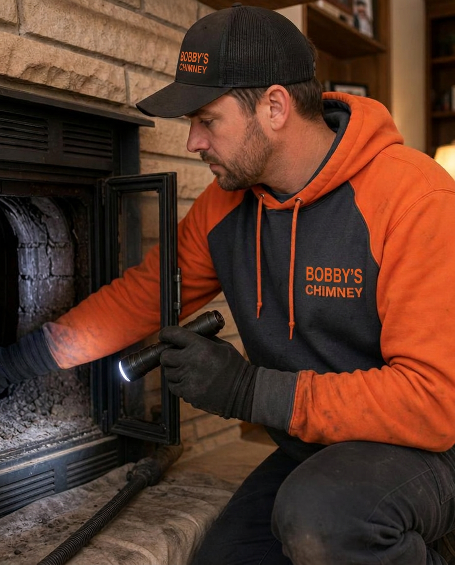 Bobby's Chimney crew member inspecting a fireplace flue