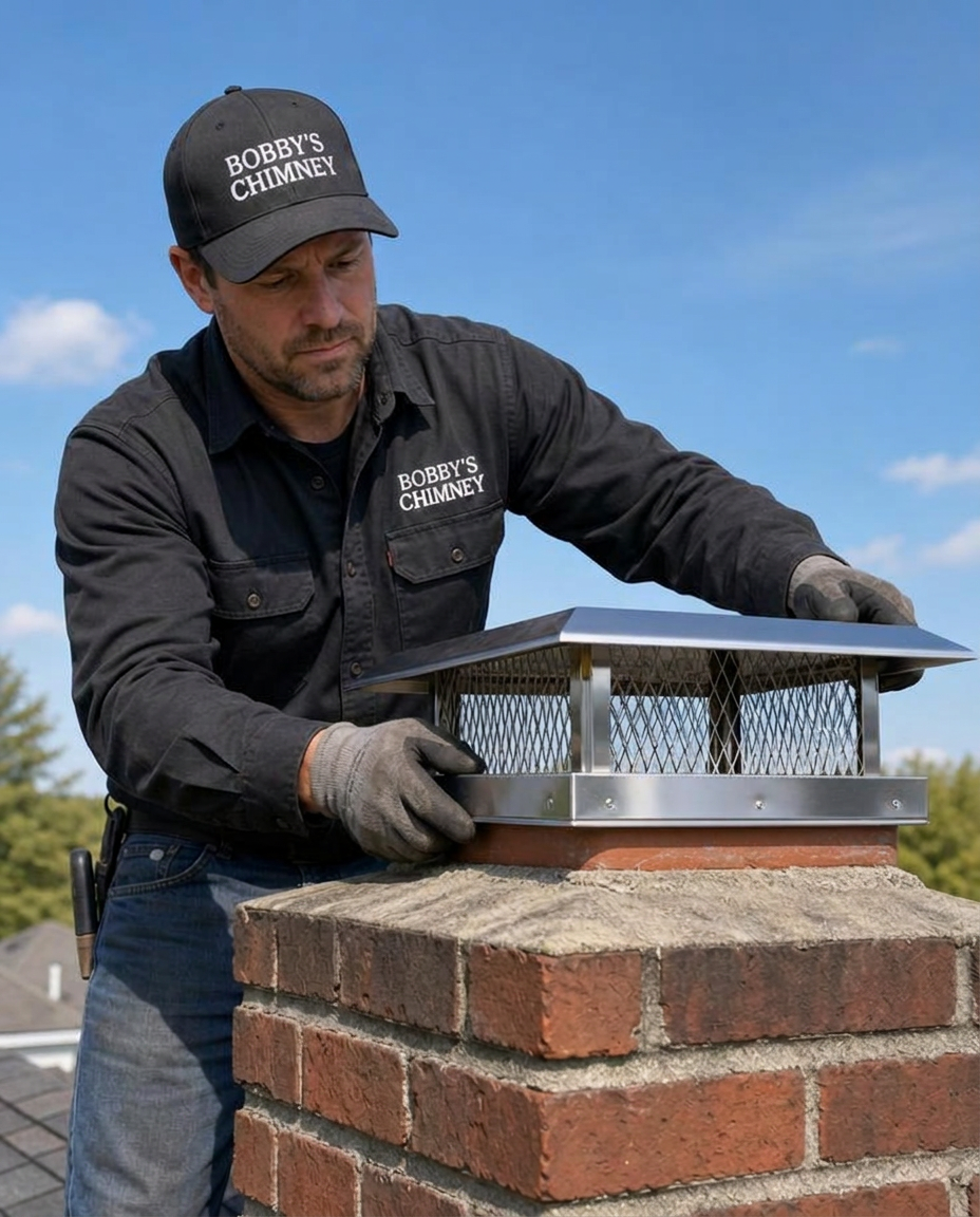 Bobby's Chimney worker installing a stainless chimney cap